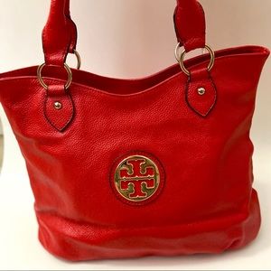 Tory Burch Gold Monogram Red Leather Shoulder Tote